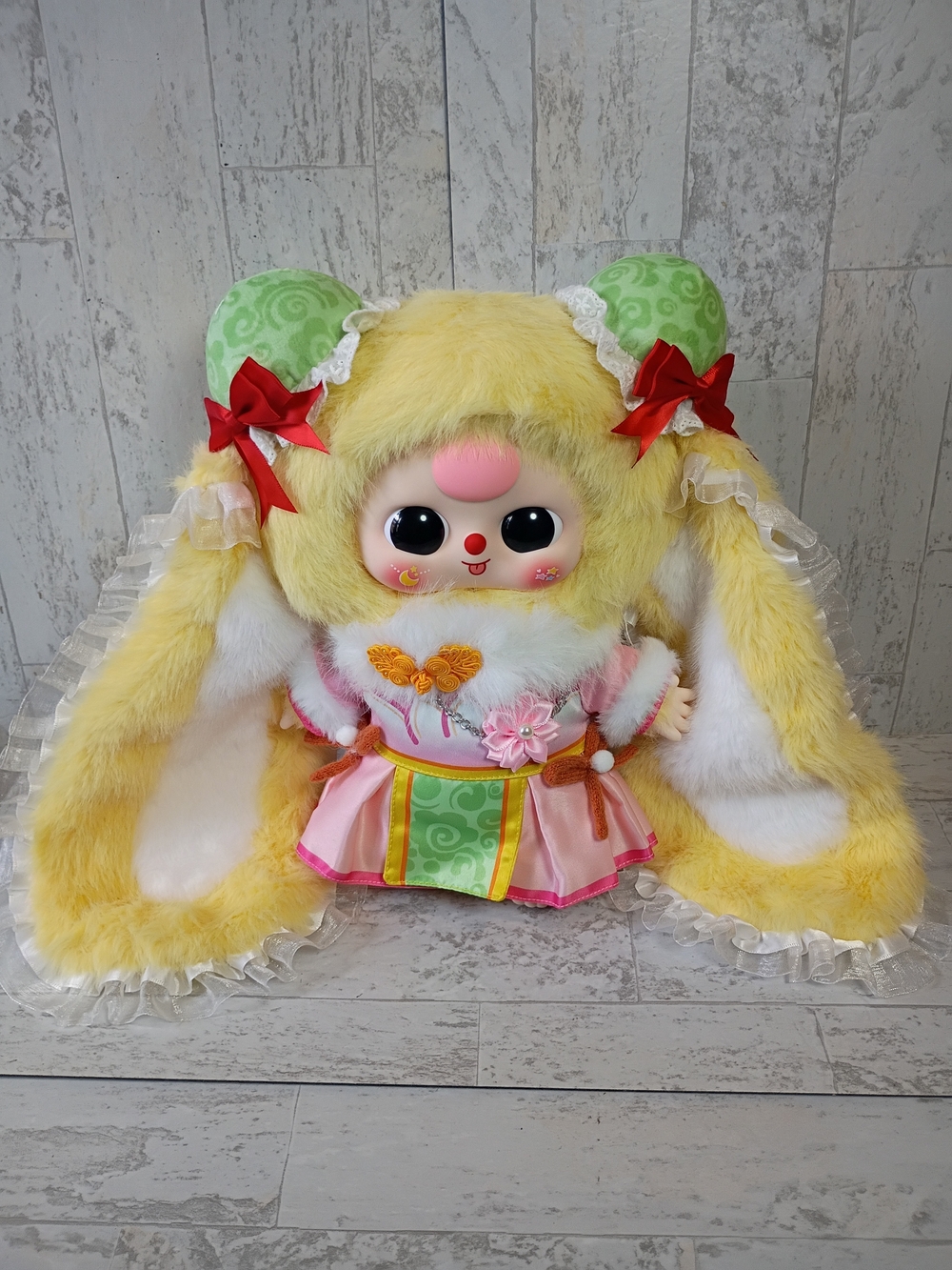 HTF NWOT Plush Bunny Doll in Yellow with Pink & Green Outfit